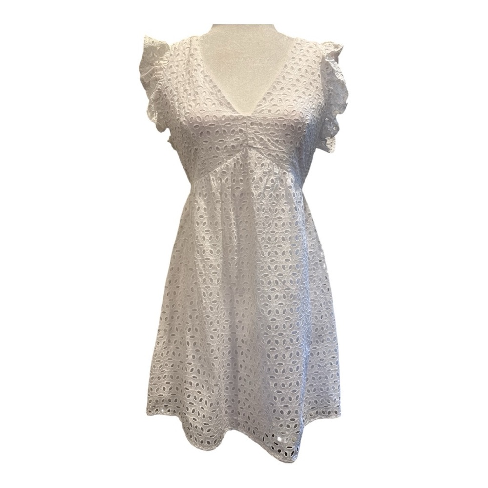NWT Altar’d State Eyelet Mini Dress Flutter Sleeves V Neck Size M White